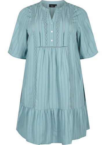 Gestreiftes Viskose Kleid mit Spitzenbändern, Smoke Blue, Packshot image number 0