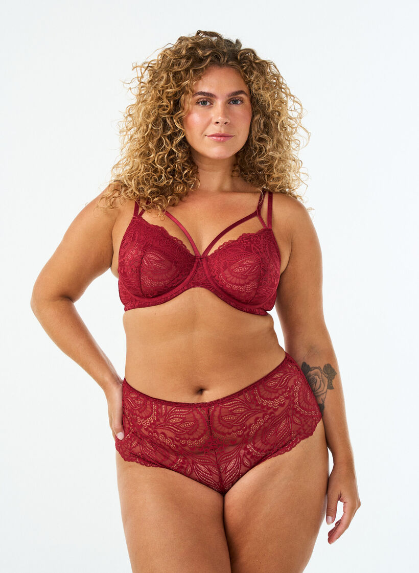 Schrittfreier Hipster-String mit Spitze und hoher Taille, Rot, Model image number 0