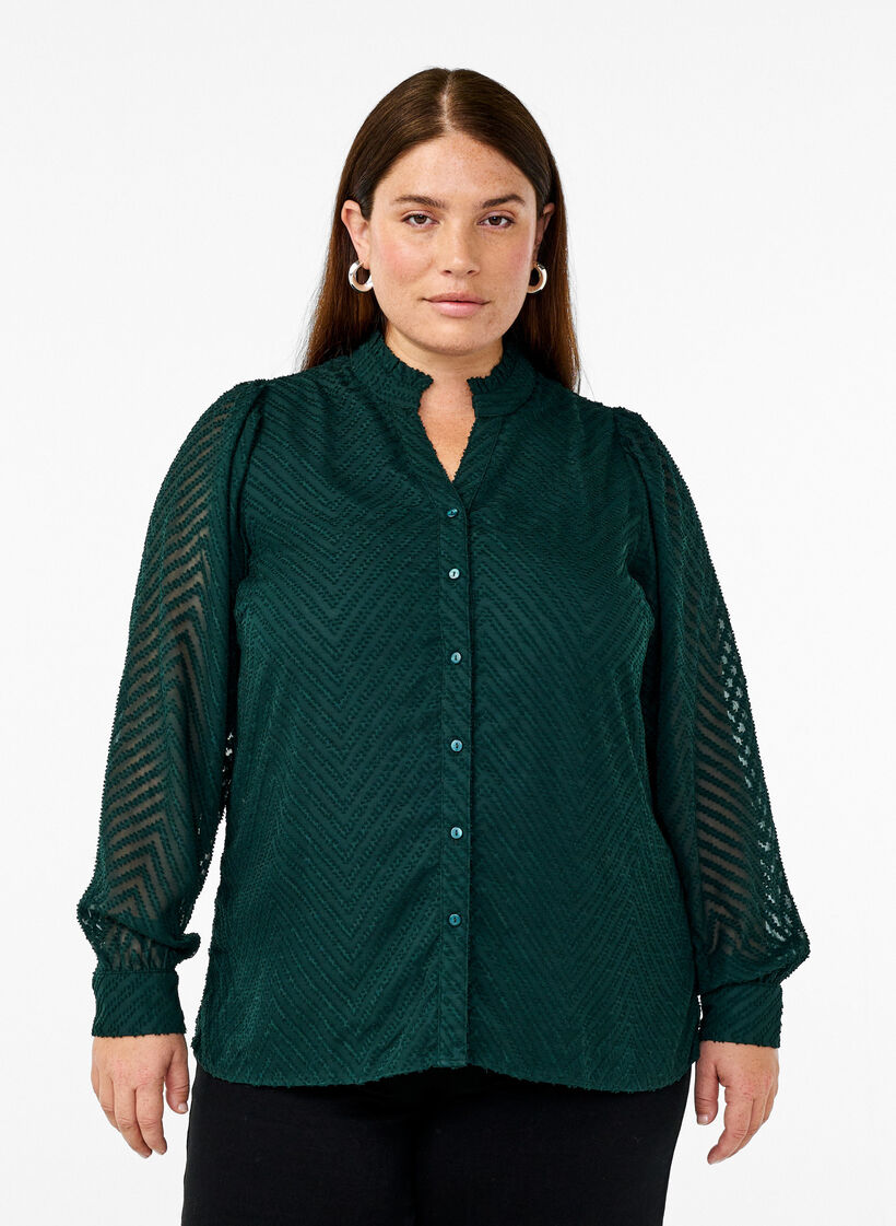 Bluse mit Struktur und gerüschtem Kragen, Grün, Model image number 0