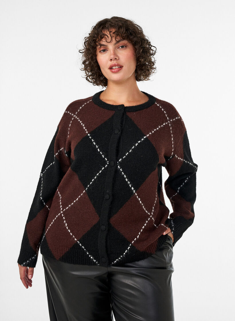 Strickjacke mit Argyle-Muster, Schwarz, Model image number 0