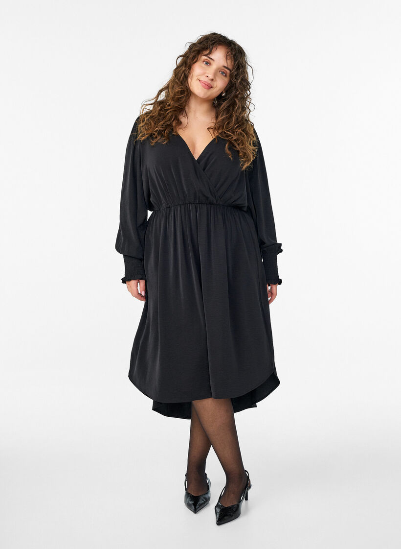 Midikleid mit Wickeloptik und Smockärmeln, Schwarz, Model image number 0