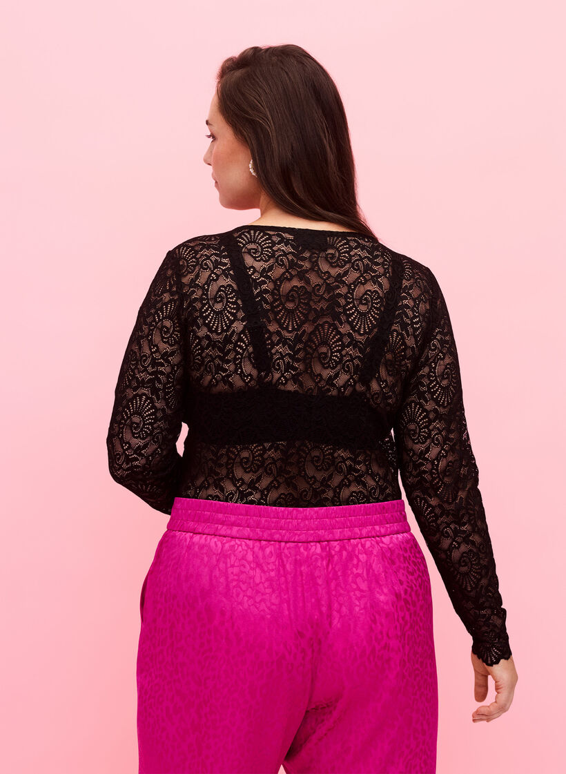 Langärmeliger Spitzen-Bodystocking mit V-Ausschnitt, Black, Model image number 1