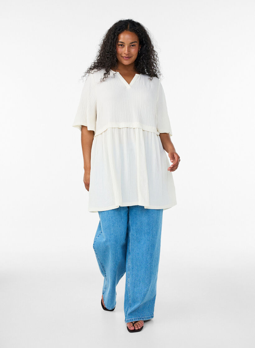 Tunika mit Crinkle-Struktur und 1/2-&Auml;rmeln, Vanille, Model image number 1