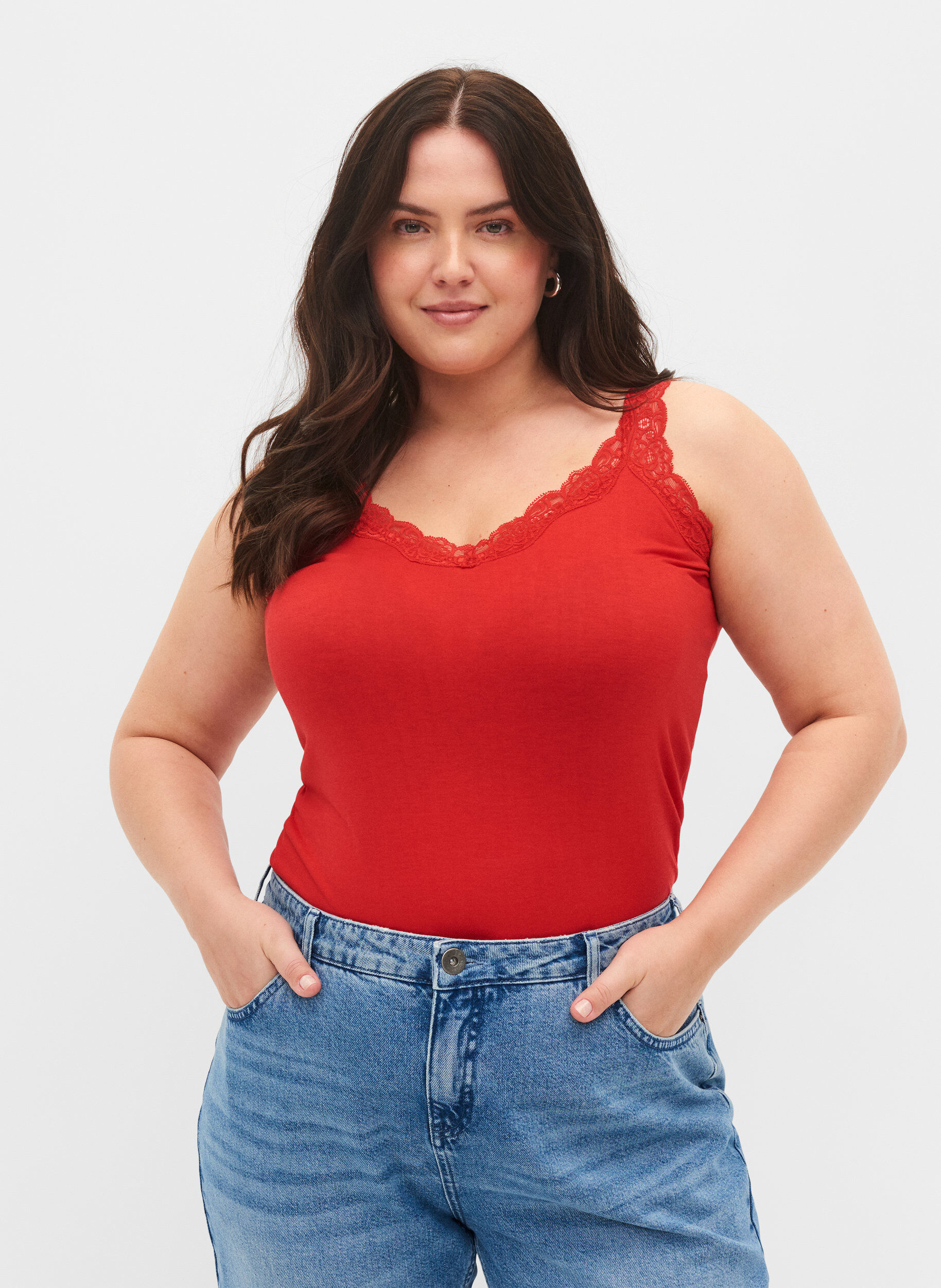 Zizzi 2er-Pack Tops mit Spitze, Black/Chinese Red, Model image number 0