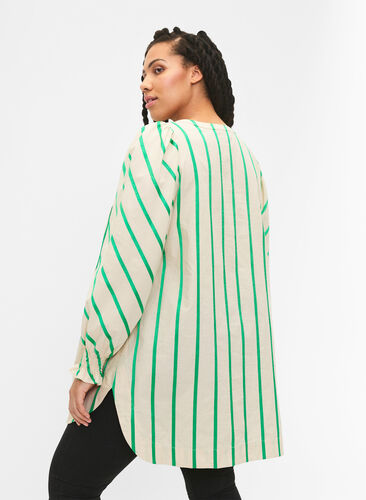 Gestreifte Tunika aus Baumwolle mit Smok und Rüschen, Beige Green Stripe, Model image number 1