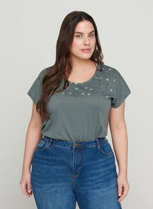 Kurzarm T-Shirt aus Baumwolle mit Sternen, Balsam Green STARS, Model image number 0
