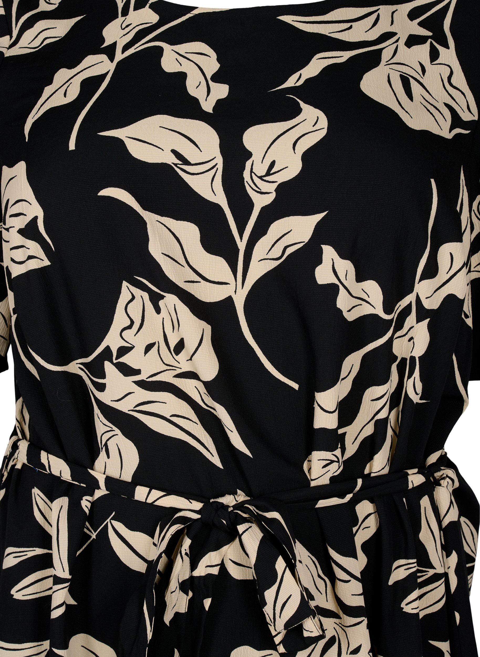 Zizzi FLASH &ndash; Kurz&auml;rmeliges Kleid mit G&uuml;rtel, Black Off White Fl., Packshot image number 2