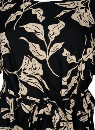 FLASH – Kurzärmeliges Kleid mit Gürtel, Black Off White Fl., Packshot image number 2
