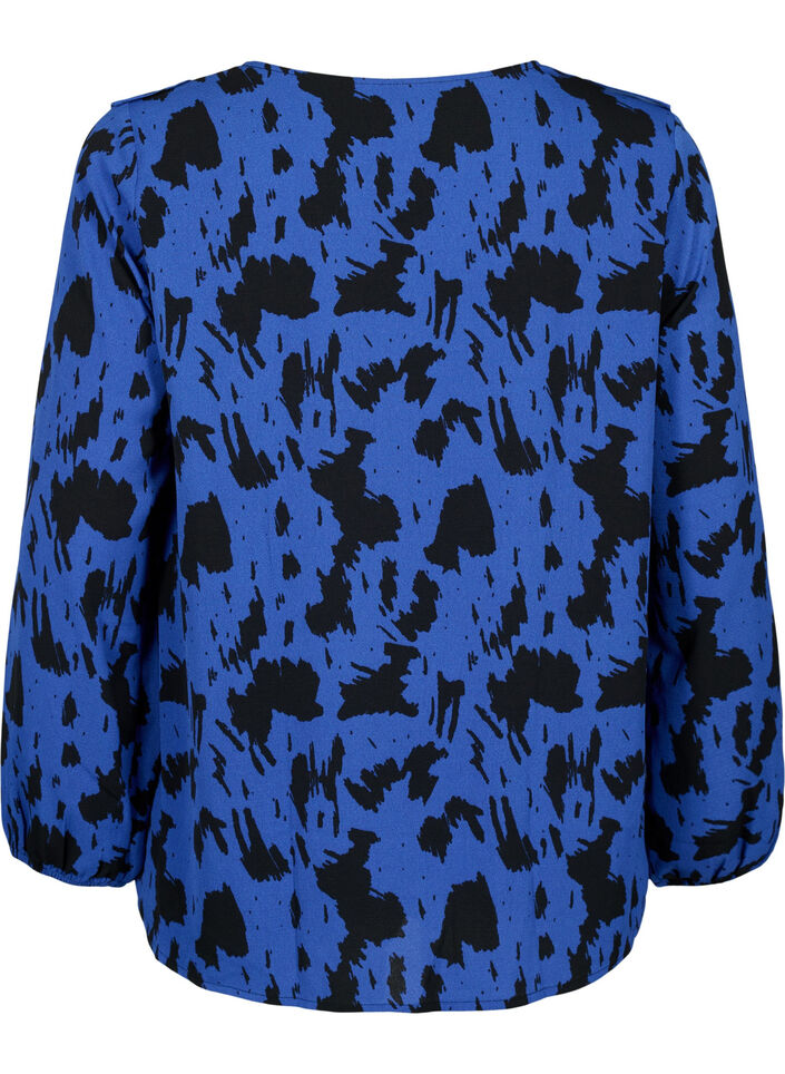 Langärmelige Bluse mit Rüschen, Black Blue AOP, Packshot image number 1