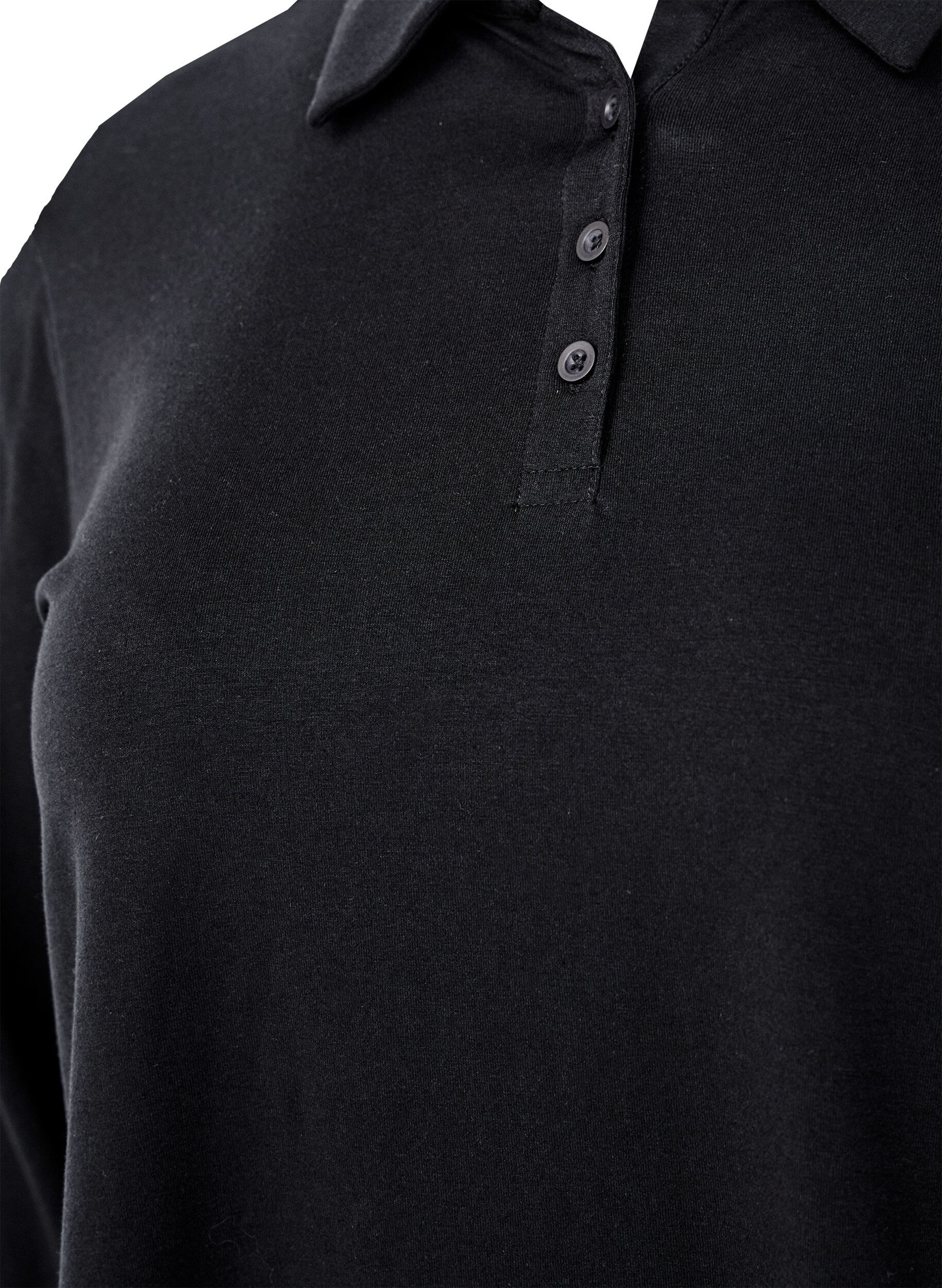 Zizzi Langarm-Poloshirt mit Streifen, Schwarz, Packshot image number 2