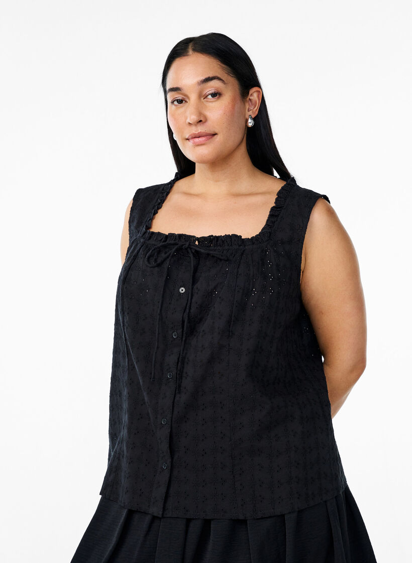 Ärmellose Bluse mit Lochstickerei und Rüschen, Schwarz, Model image number 0