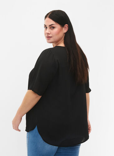 V-Ausschnitt Bluse mit Reißverschluss, Black, Model image number 1