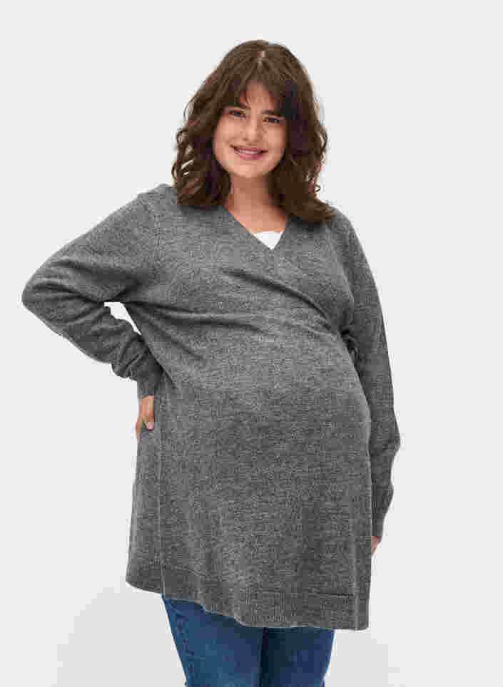 Melierte Schwangerschafts-Strickbluse mit Wickellook, Medium Grey Melange, Model