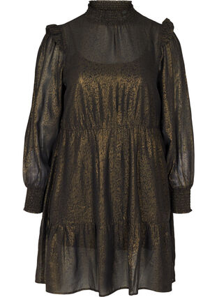 Langarm Kleid mit Smock und Rüschen, Black w. Gold, Packshot image number 0