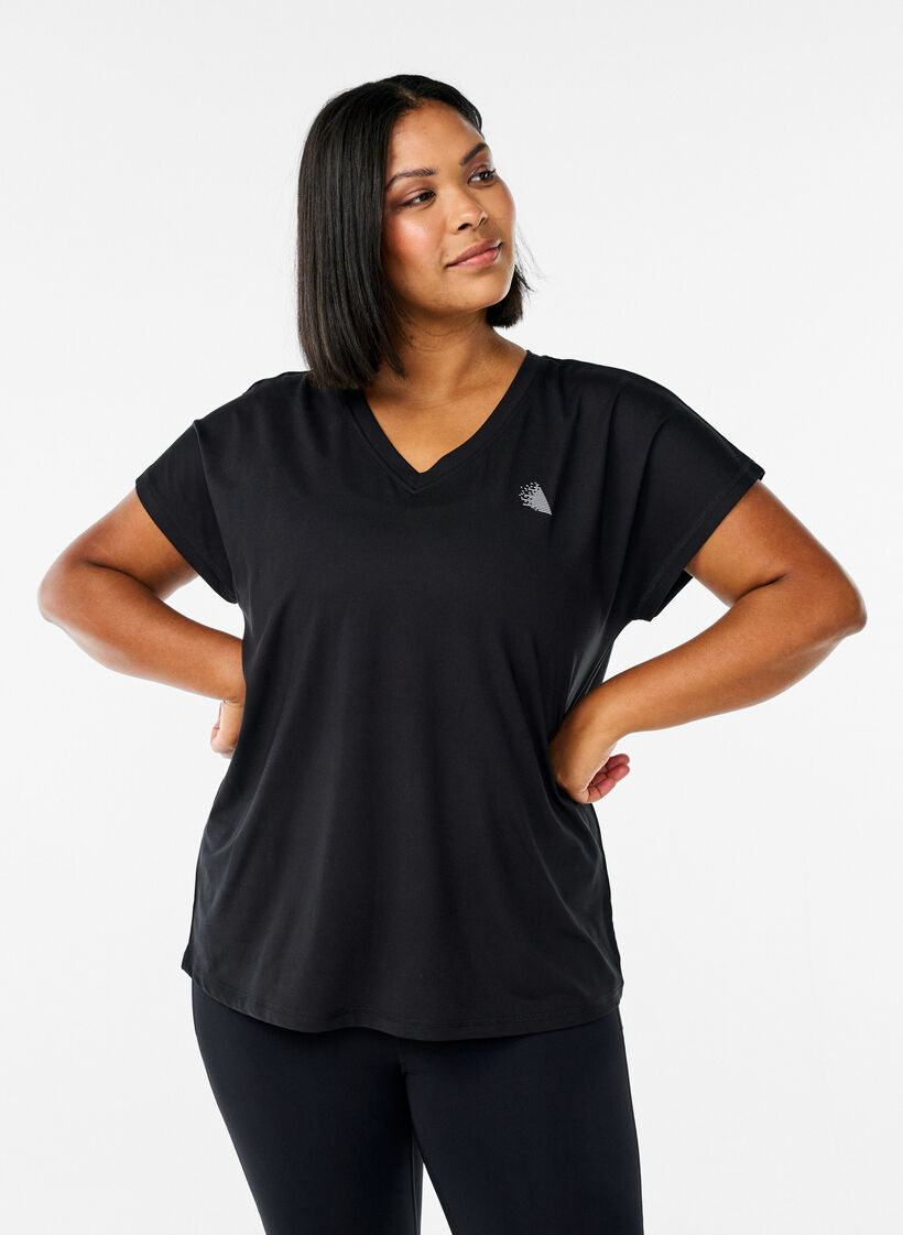 Lockeres Trainings-T-Shirt mit V-Ausschnitt, Schwarz, Model