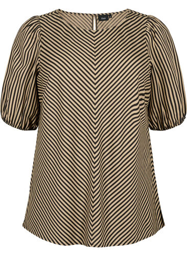 Viskose Bluse mit gestreiftem Druck und 1/2 Ärmeln, Coriander/Bl. Stripe, Packshot image number 0