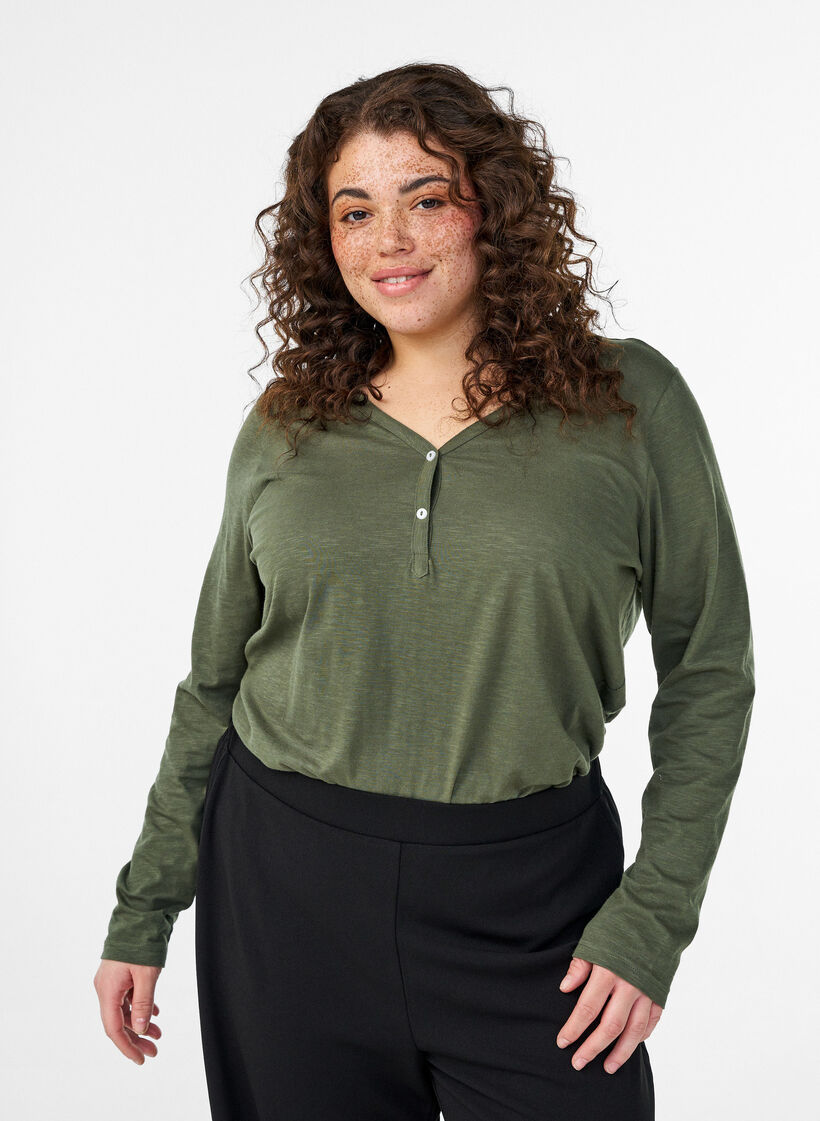 Langarmshirt mit V-Ausschnitt und Kn&ouml;pfen, Gr&uuml;n, Model image number 0