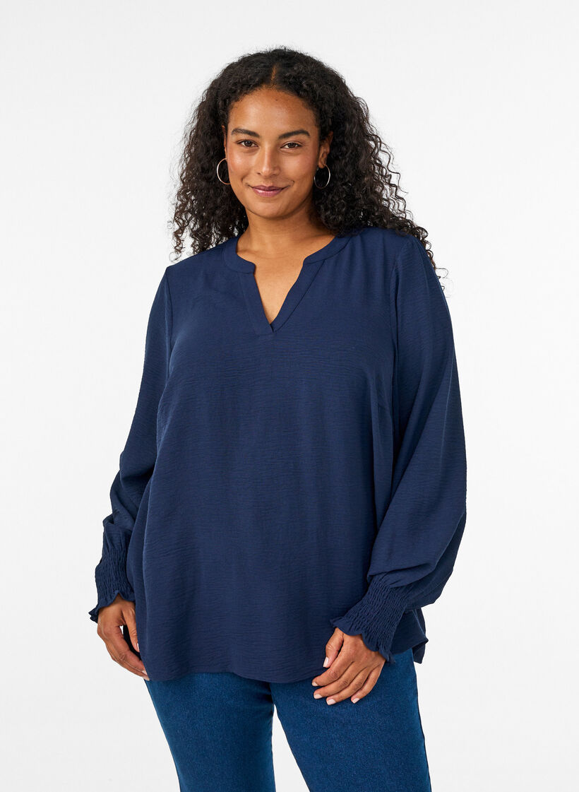 Bluse mit Smockb&uuml;ndchen und V-Ausschnitt, Blau, Model image number 0