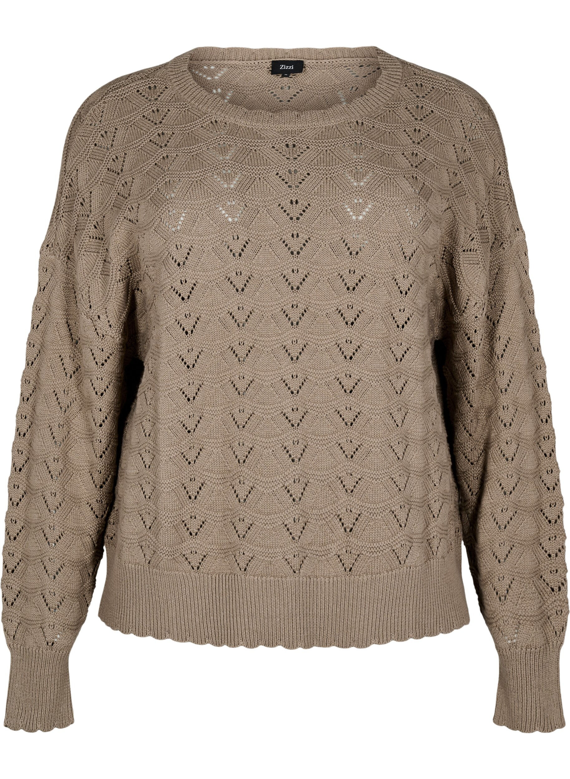 Zizzi Strickbluse mit Lochmuster und langen &Auml;rmeln, Desert Taupe, Packshot image number 0