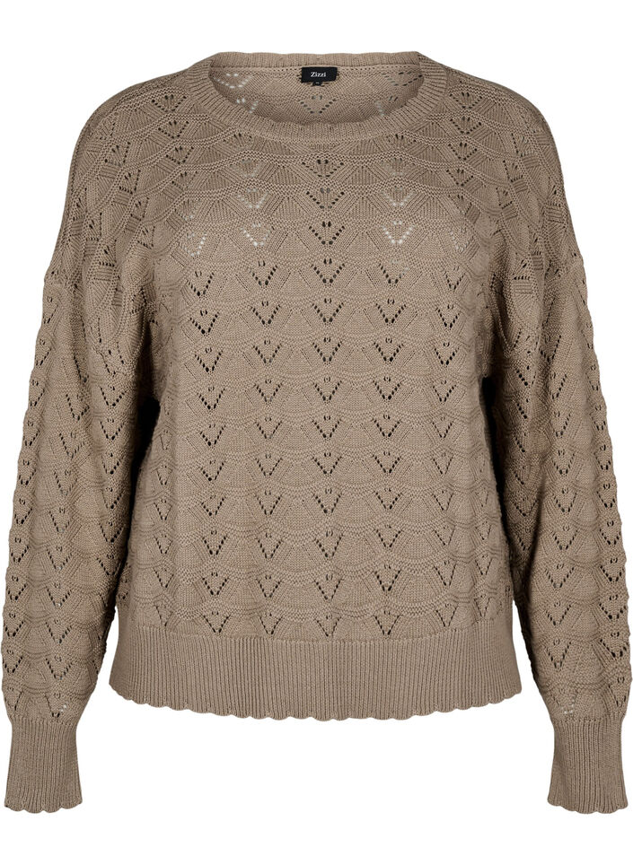 Strickbluse mit Lochmuster und langen Ärmeln, Desert Taupe, Packshot image number 0