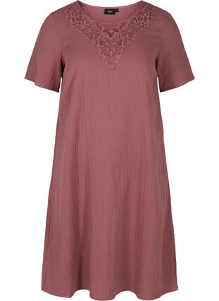 Kurzarm Kleid aus Baumwolle mit Stickerei, Rose Brown, Packshot image number 0