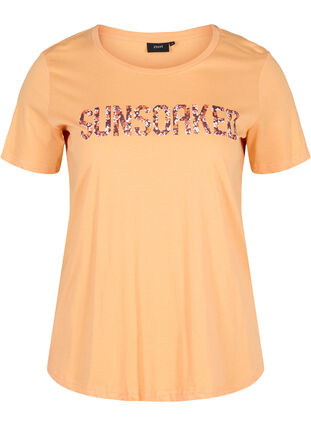 Kurzarm T-Shirt aus Baumwolle mit Aufdruck, Apricot Nectar SUN, Packshot image number 0