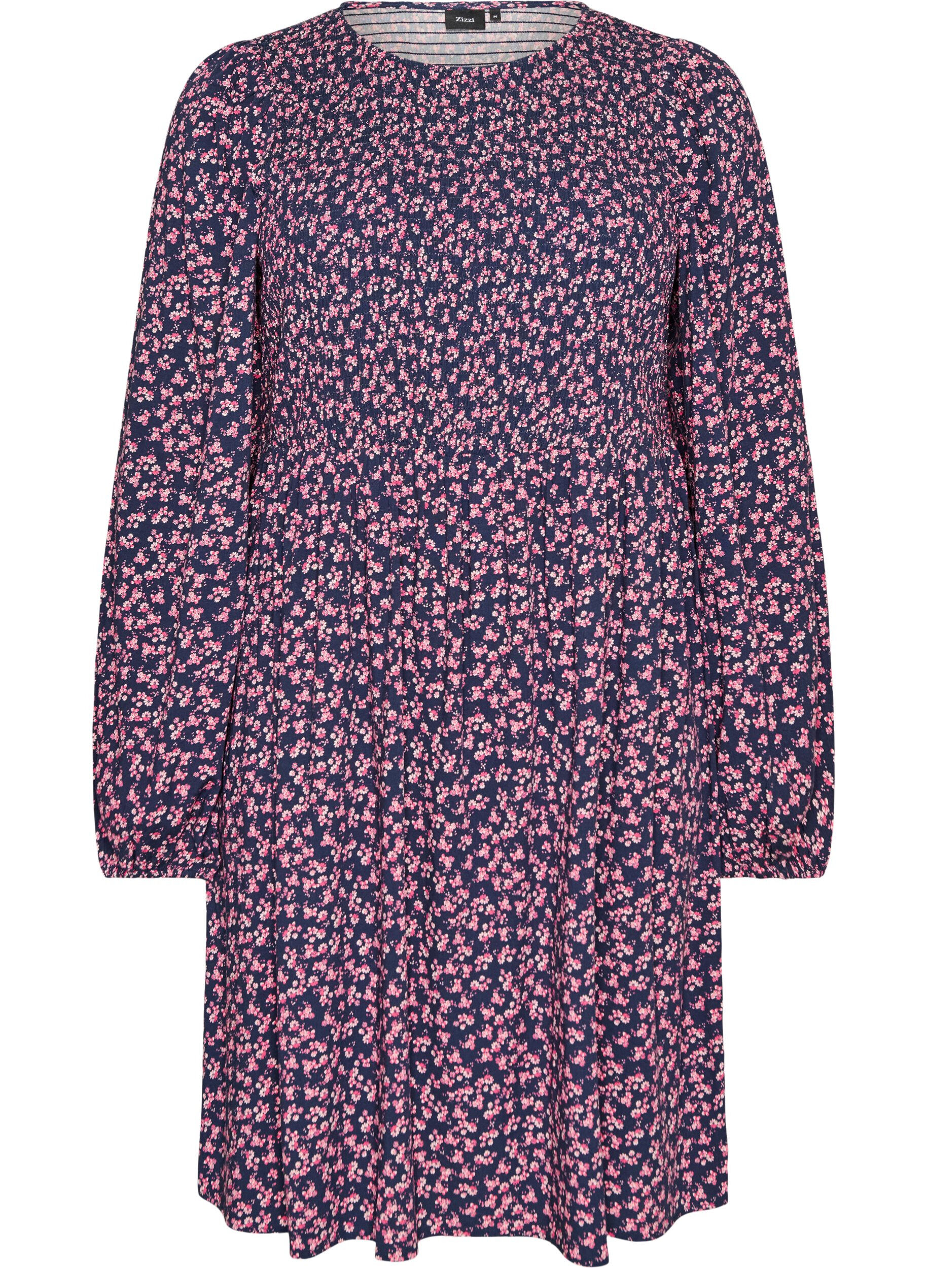 Kleid mit gesmoktem Oberteil und kleingebl&uuml;mtem Muster
