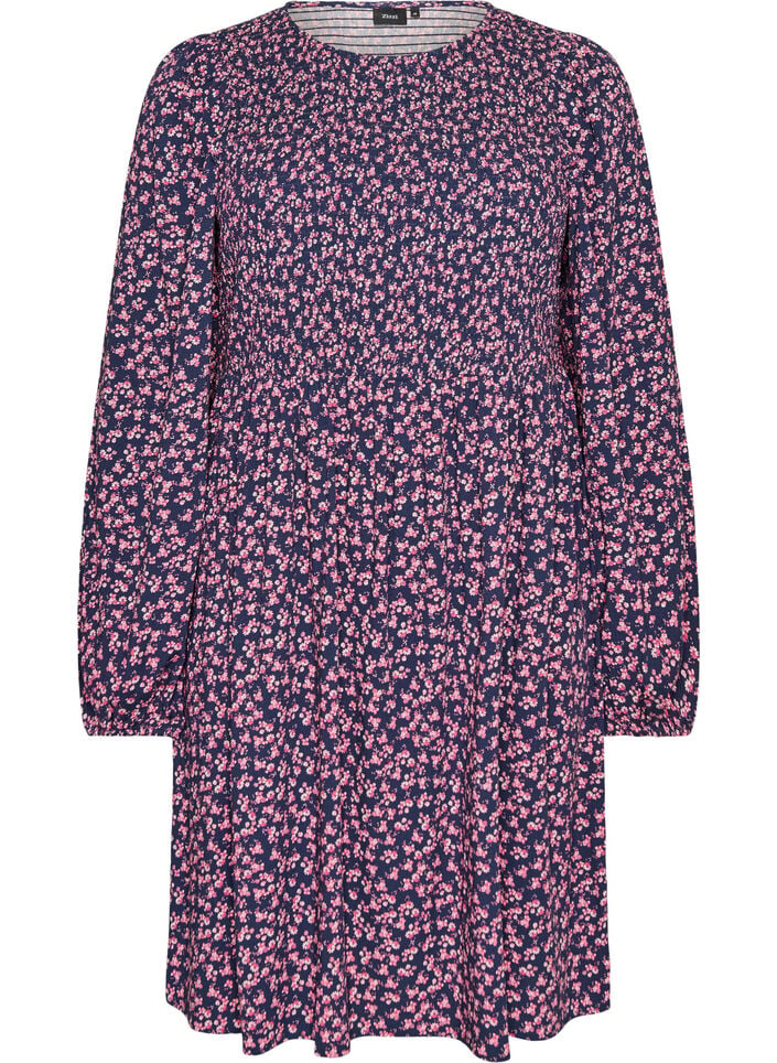 Kleid mit gesmoktem Oberteil und kleingebl&uuml;mtem Muster, Blau, Packshot image number 0