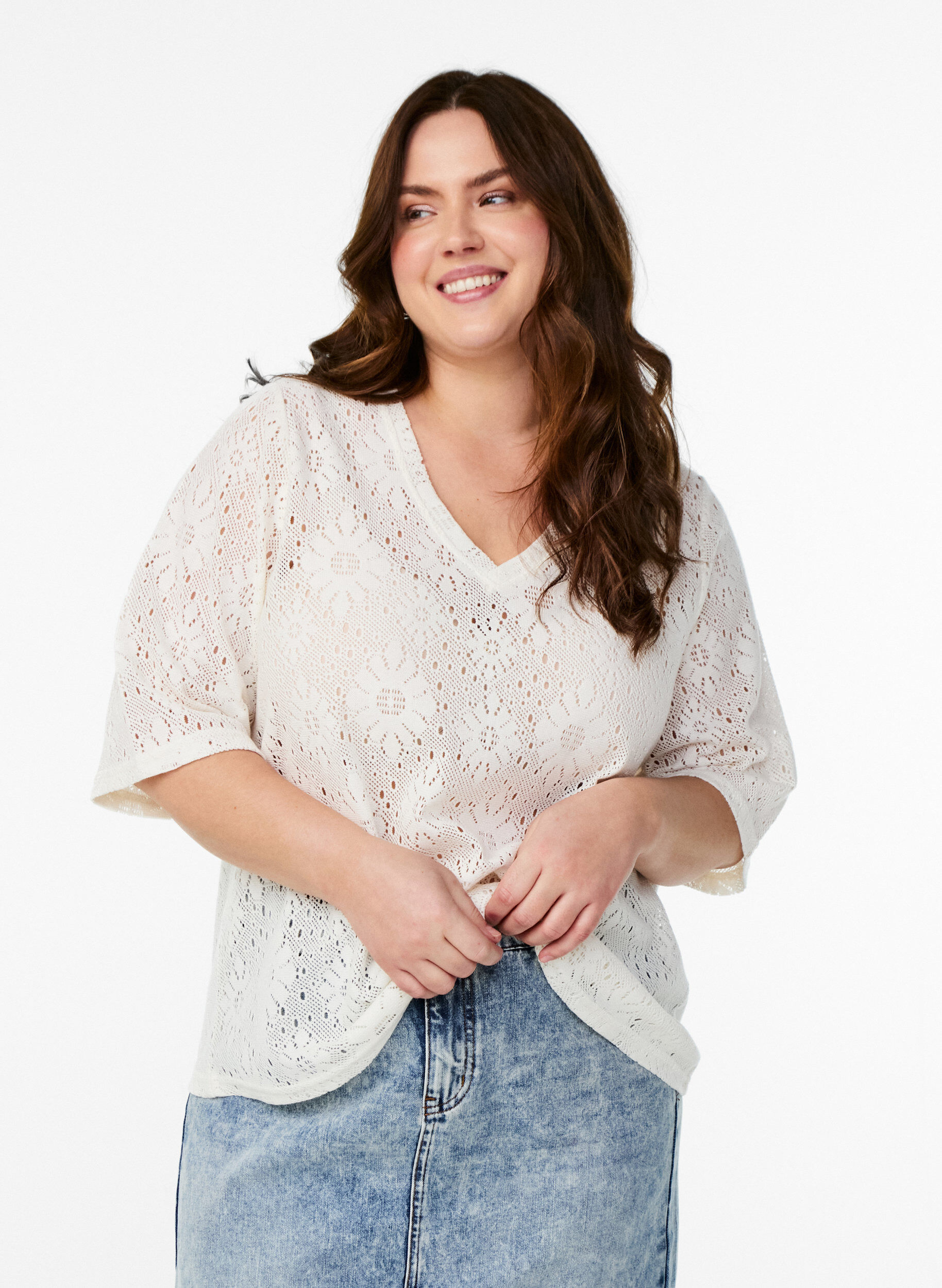 Bluse mit Lochmuster und kurzen &Auml;rmeln, Beige, Model