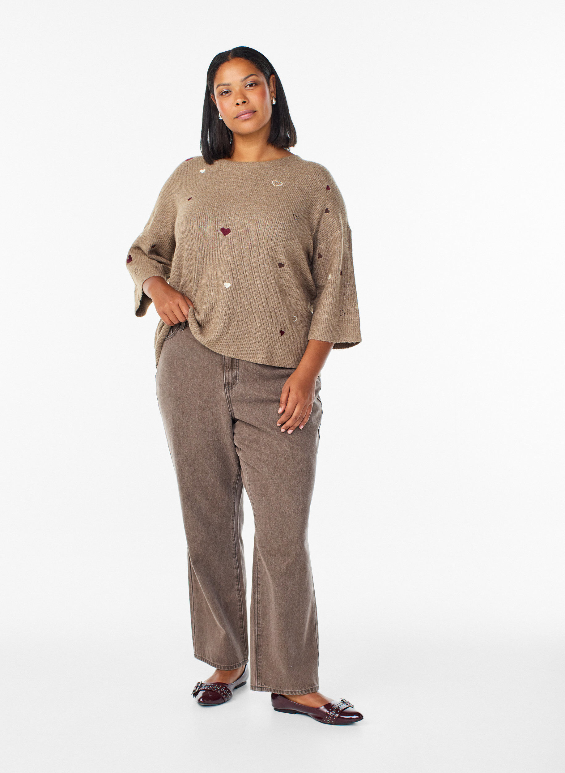 Zizzi Pullover mit Herzen und 3/4-&Auml;rmeln, Braun, Model image number 1