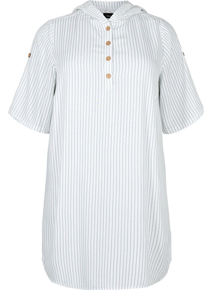 Kurzärmelige Viskose-Tunika mit Kapuze, Chinois Green Stripe, Packshot image number 0