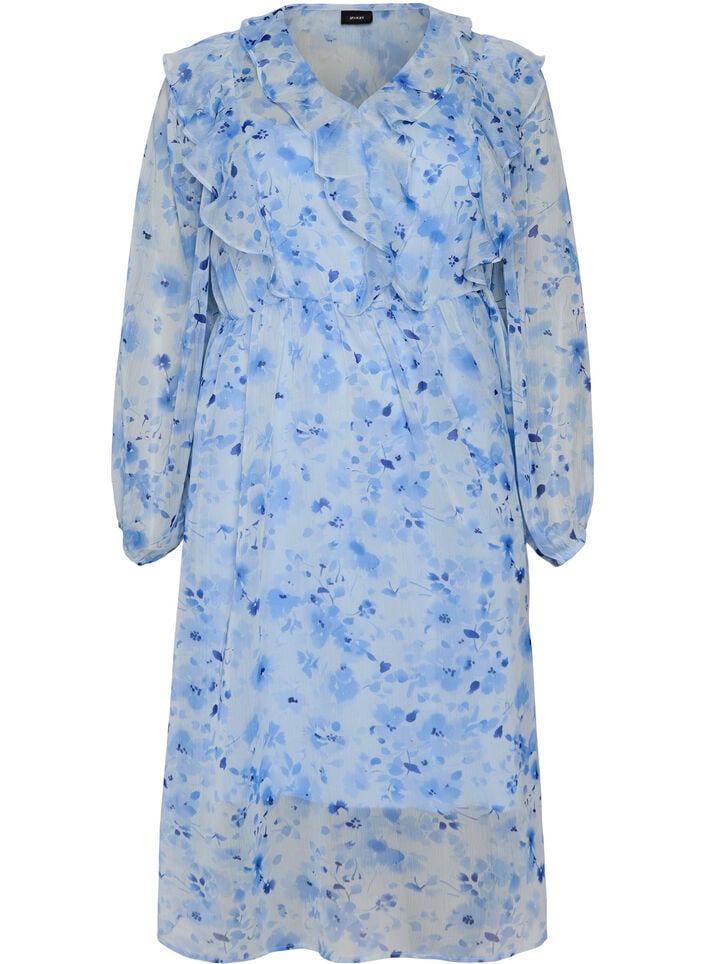 Gebl&uuml;mtes Kleid aus Chiffon mit R&uuml;schen und langen &Auml;rmeln, Blau, Packshot image number 0