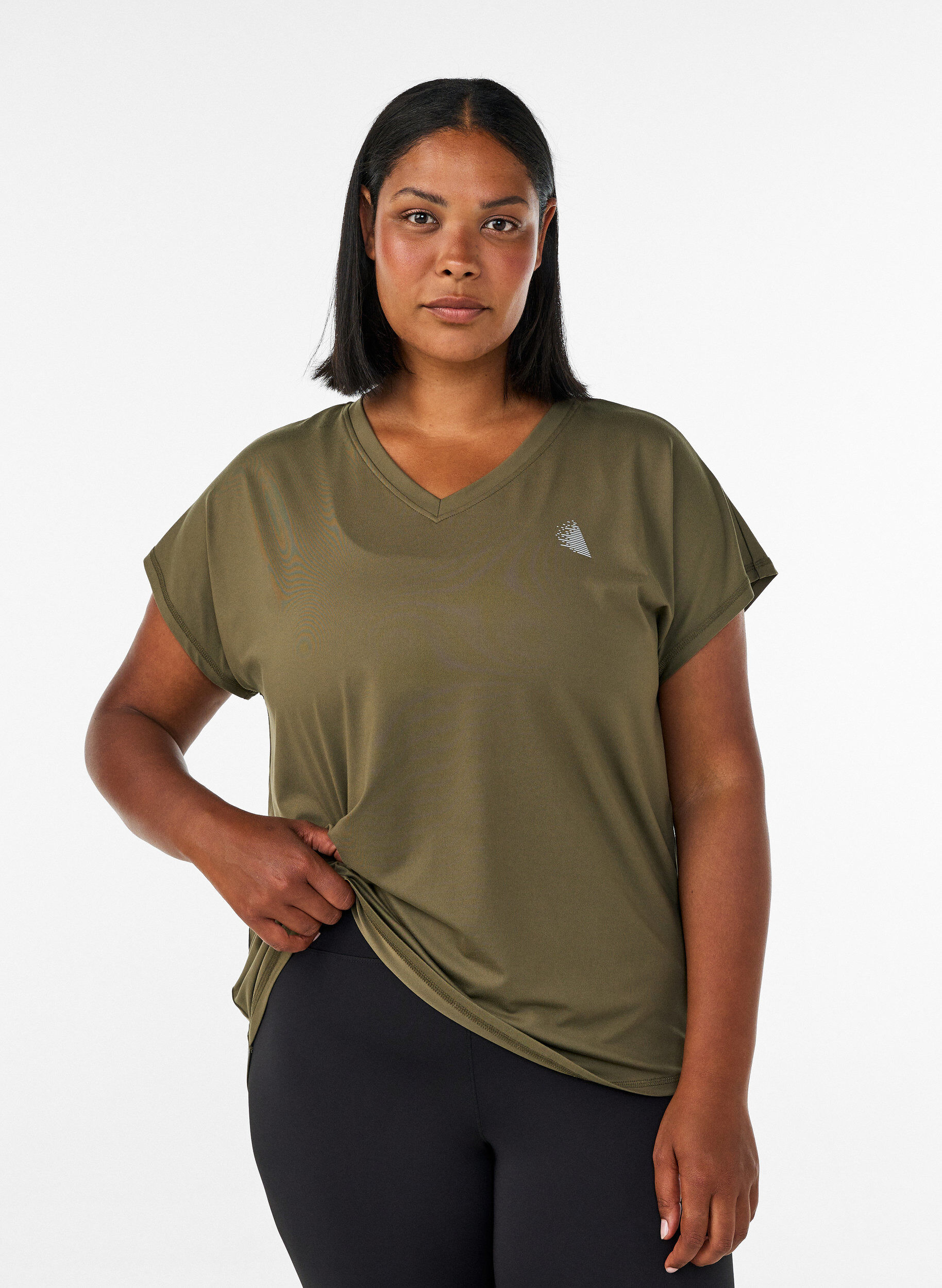 Kurzarm Trainingsshirt mit V-Ausschnitt, Gr&uuml;n, Model