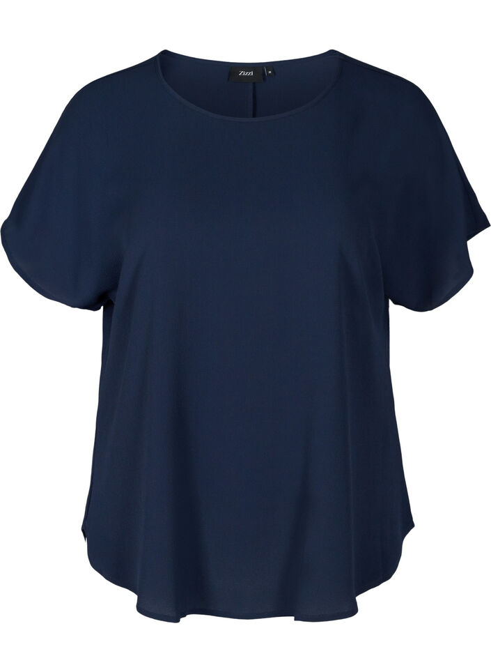 Bluse mit kurzen Ärmeln und Rundhalsausschnitt, Navy Blazer, Packshot image number 0