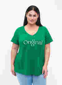 T-Shirt aus Baumwolle mit Druck und V-Ausschnitt , Jolly Green ORI, Model