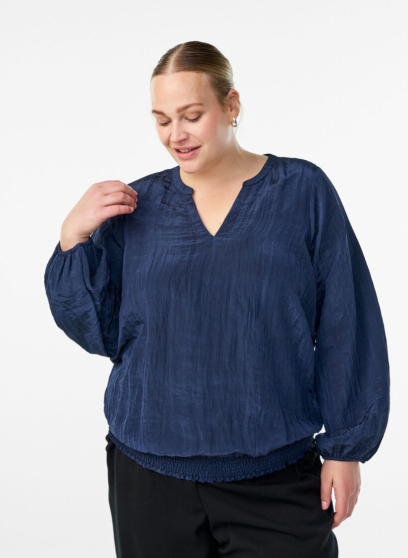 Bluse mit V-Ausschnitt und Crinkle-Struktur, Blau, Model image number 0