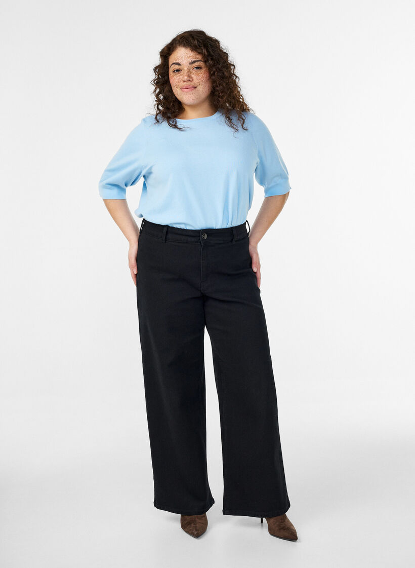 Fein gestrickte Bluse mit kurzen &Auml;rmeln, Blau, Model image number 1