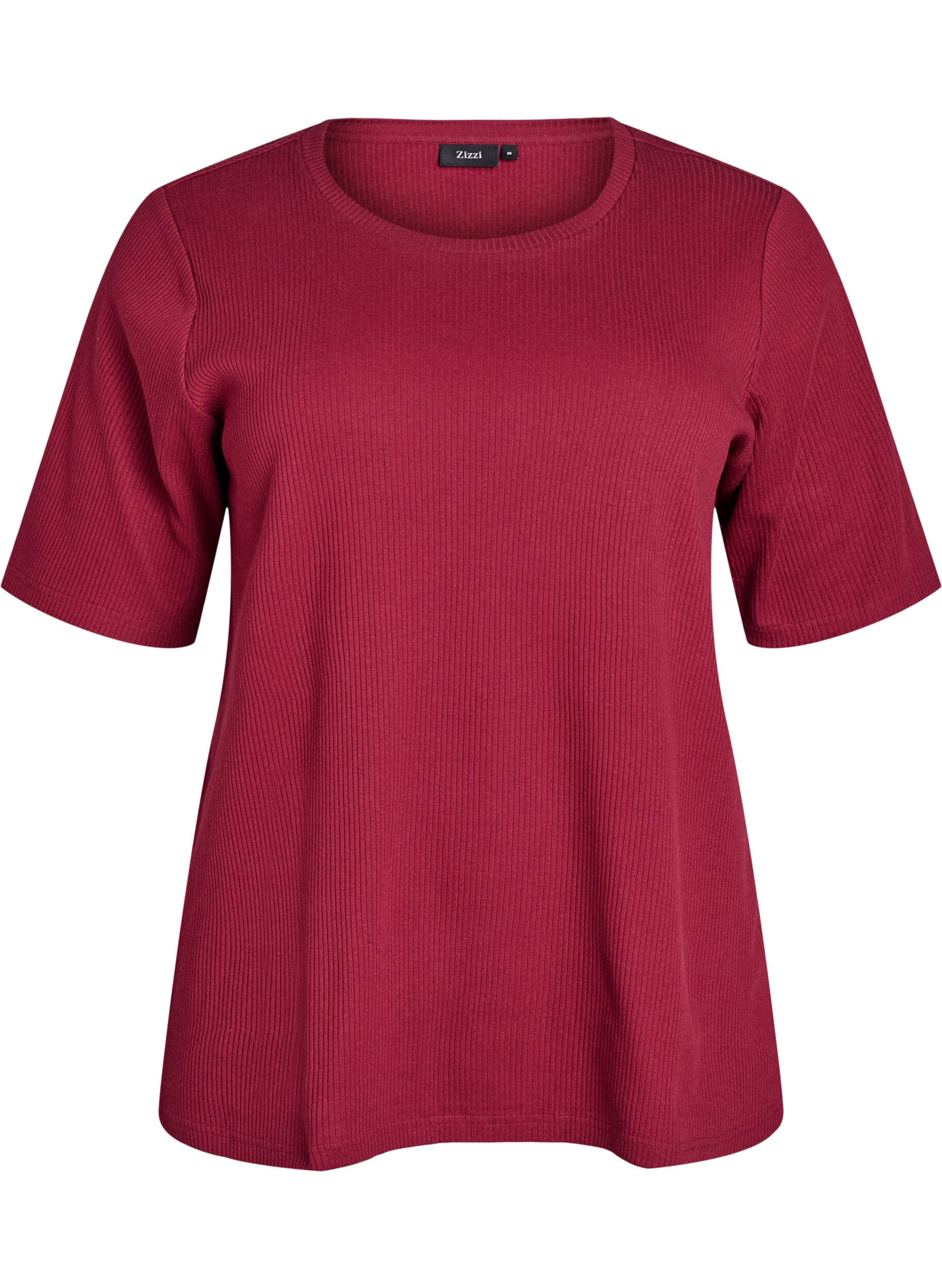 ZizziBluse aus geripptem Jersey mit kurzen &Auml;rmeln, Dunkles Bordeaux, Packshot image number 0