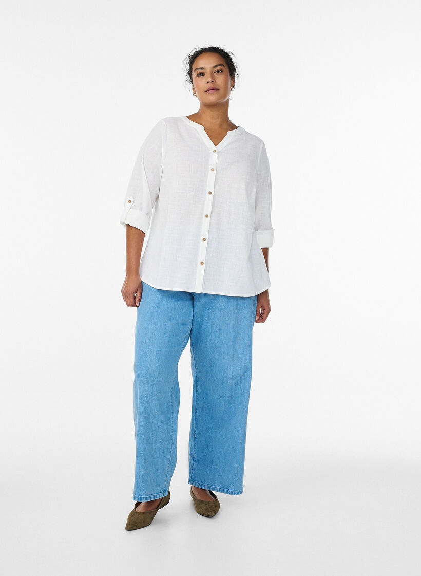 Hemdbluse aus Baumwolle mit V-Ausschnitt, Wei&szlig;, Model image number 1