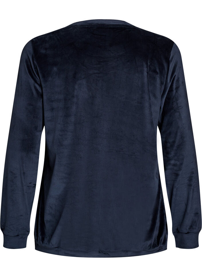 Bluse aus Velours mit aufgesticktem Text, Blau, Packshot image number 1