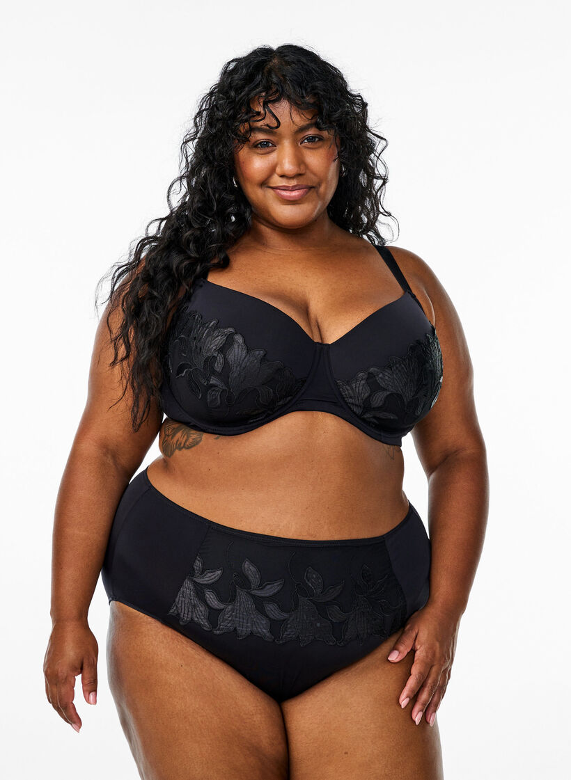 Slip aus Mikrofaser mit geblümter Stickerei, Schwarz, Model image number 0