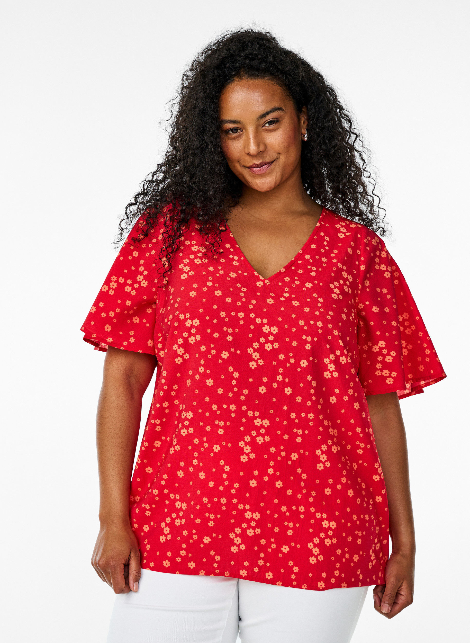 Zizzi Bluse mit Blumenmuster und Fledermaus&auml;rmeln, Rot, Model image number 0