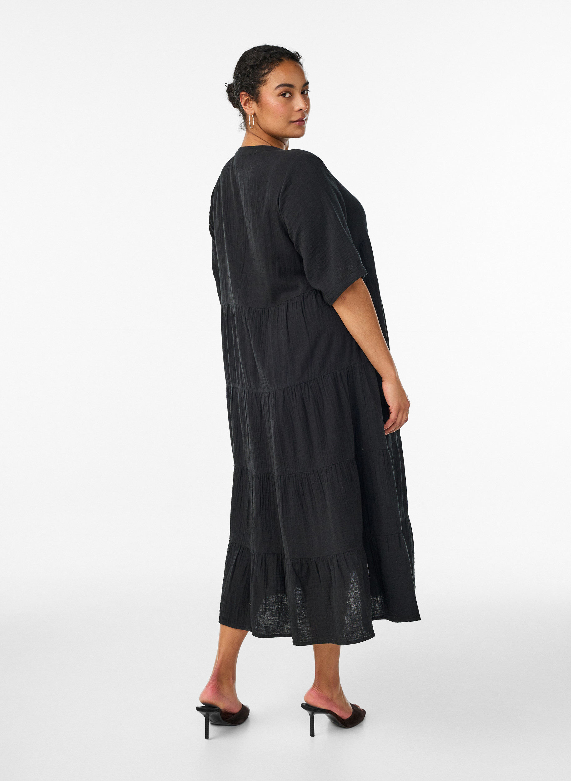 Zizzi Midikleid in A-Linie aus Baumwoll-Musselin, Schwarz, Model image number 2