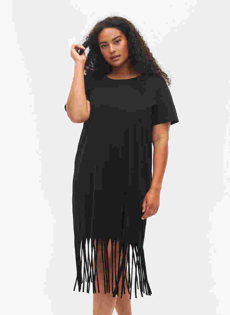 Kurzärmeliges Baumwollkleid mit Fransen, Black, Model