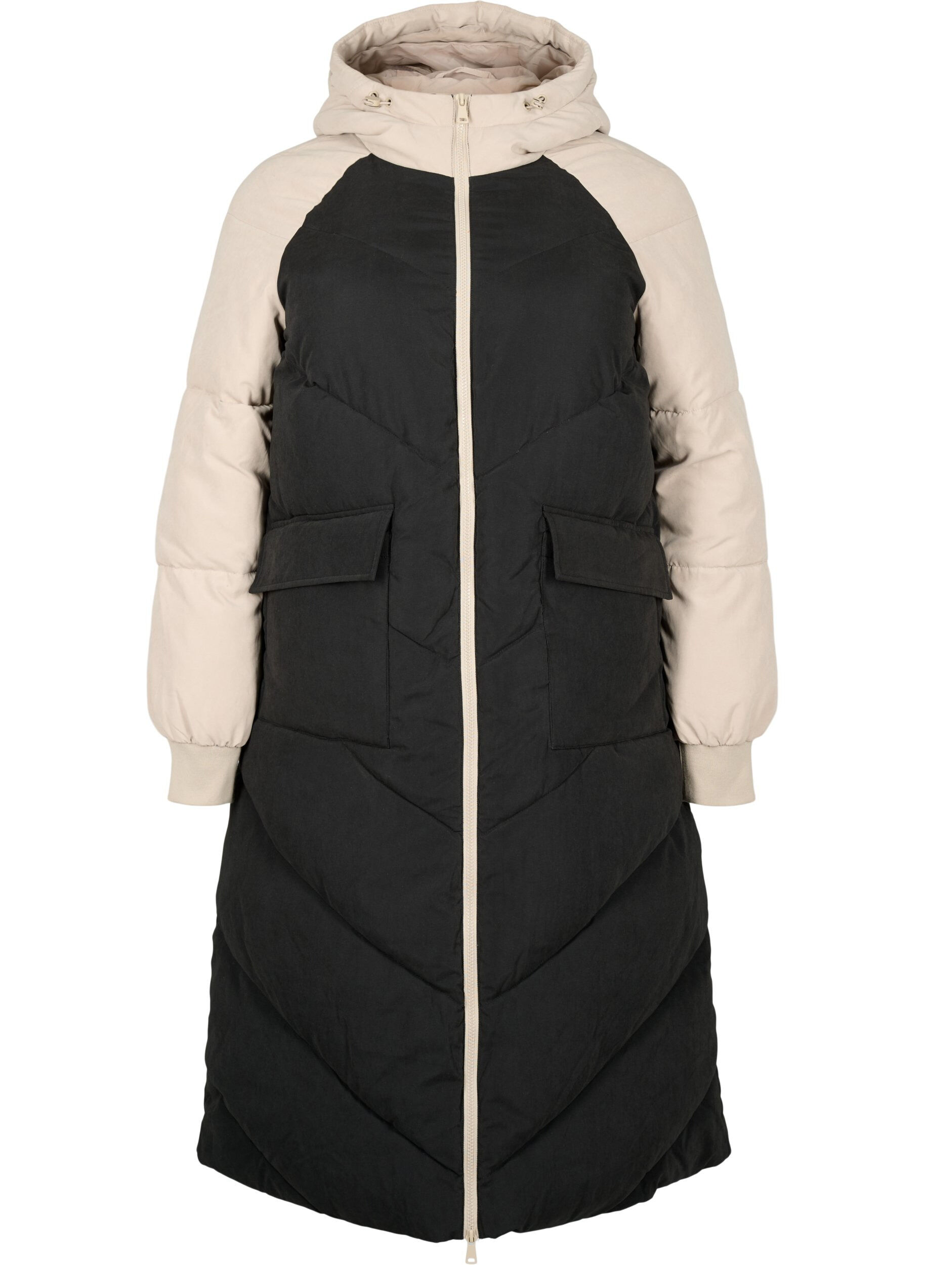 Zizzi Lange Colorblock-Winterjacke mit Kapuze, Black Comb, Packshot image number 0