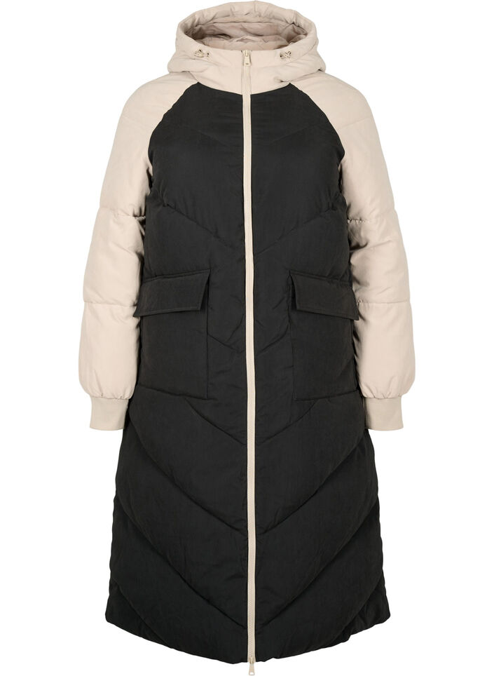 Lange Colorblock-Winterjacke mit Kapuze, Black Comb, Packshot image number 0