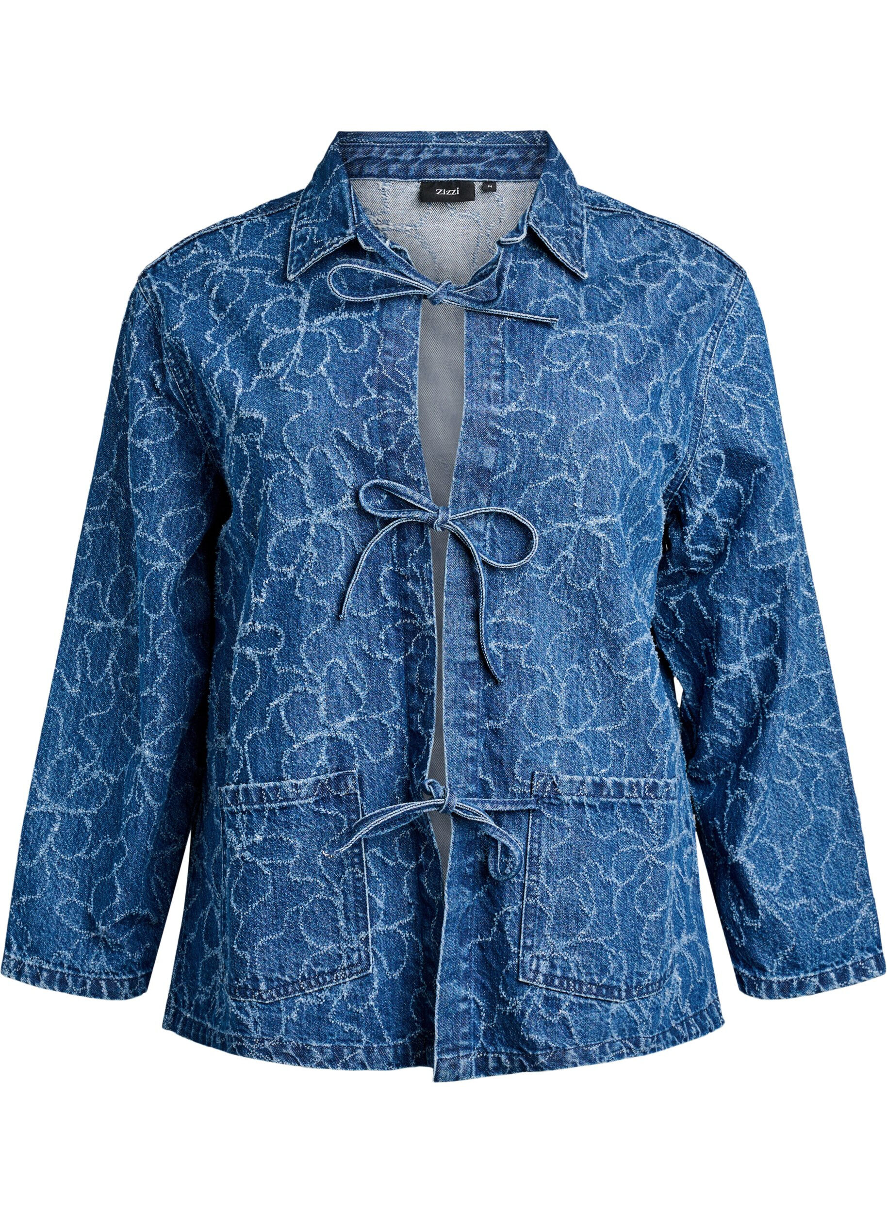 Zizzi Jeansjacke mit Bindeverschluss und Taschen, Blue Denim Destroy, Packshot image number 0