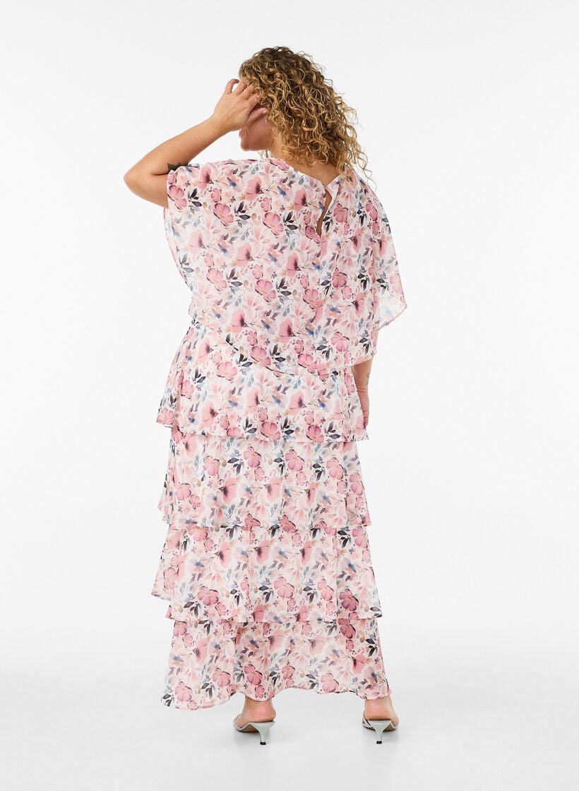 Maxikleid mit R&uuml;schen-Volants und abnehmbarem Cape, Wei&szlig;, Model image number 2