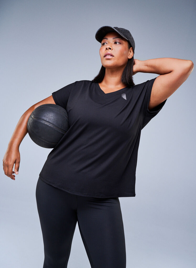Lockeres Trainings-T-Shirt mit V-Ausschnitt, Schwarz, Image