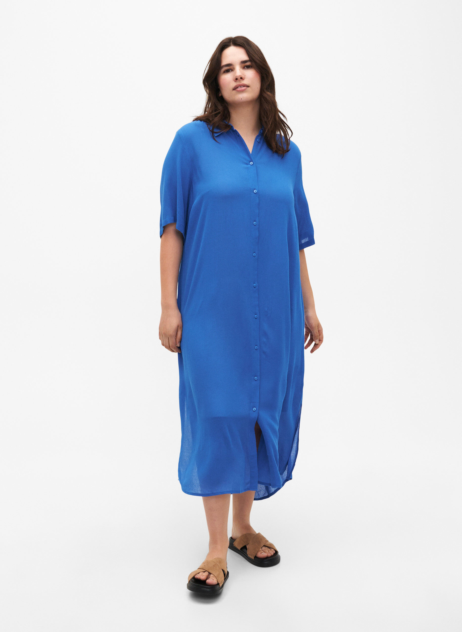 Zizzi Hemdkleid aus Viskose mit kurzen &Auml;rmeln, Victoria blue, Model image number 0